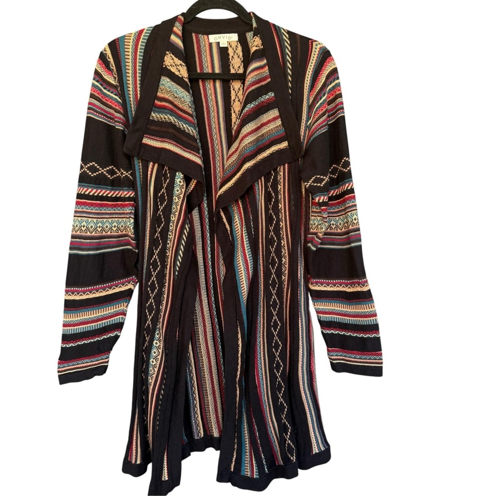 Orvis Cardigan Sweater Womens Large Multicolor Boho Striped Open Front Knit